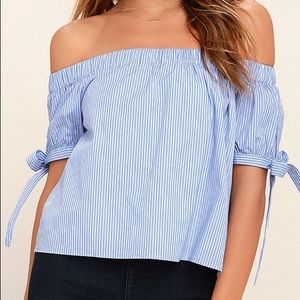 Blue and White Stripped off the Shoulder Crop Top